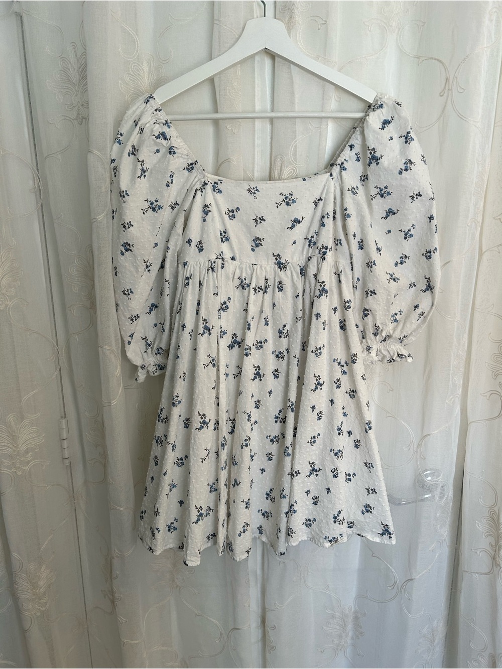 Altar'd State Victoria Blue Floral Swiss Clip Dot Babydoll Puff Sleeve Dress XS